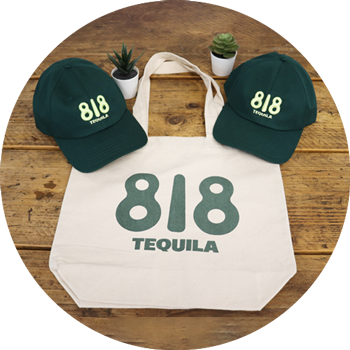 818 Tequila branded bag and hats on a wooden background