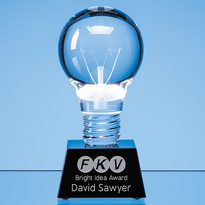 6.5cm Dia Optical Crystal Lightbulb Award Mounted on an Onyx Black Crystal Base main product photo