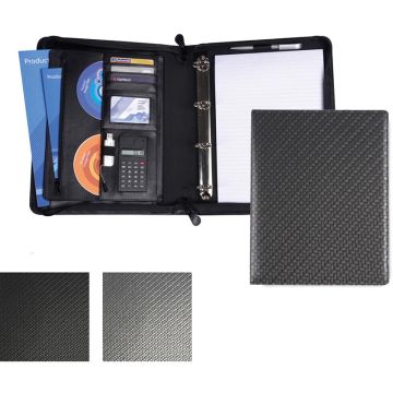 Carbon Fibre Textured PU Deluxe Zipped Ring Binder With Calculator
