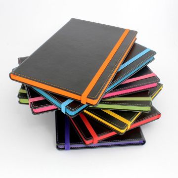 Accent A5 Notebook With A Black Cover, Contrast Colour Elastic Strap, Edge Stitch, Edge Stained Paper & Page Marker