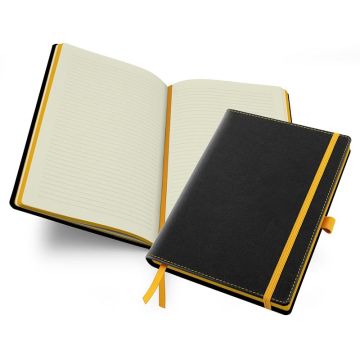 Accent A5 Notebook With A Black Cover, Contrast Colour Elastic Strap, Elastic Pen Loop, Edge Stitch, Edge Stained Paper & Page Marker