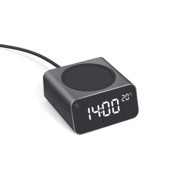 Xoopar REDDI travel clock and wireless charger (PD) with BT connectivity. Time and temperaure showing.