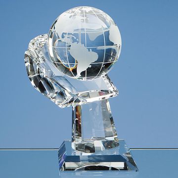 8cm Optical Crystal Globe on Mounted Hand Award