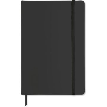 A5 notebook with soft PU cover and 96 lined pages closed with an elastic band.