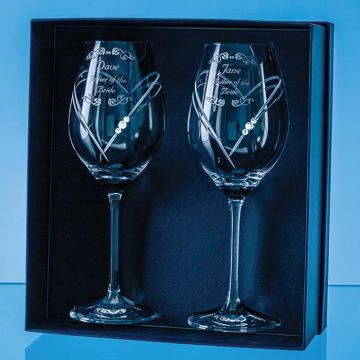 2 Diamante Wine Glasses With Heart Shaped Cutting In An Attractive Gift Box