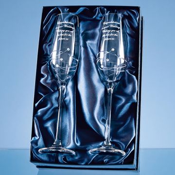 2 Diamante Champagne Flutes with Spiral Design Cutting in a Satin Lined Gift Box