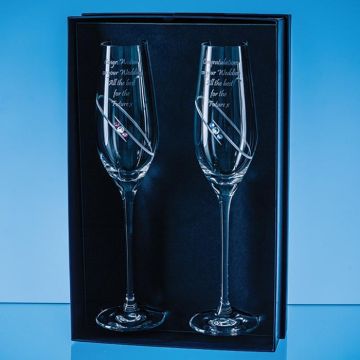 2 'His & Hers' Diamante Champagne Flutes With Orbital Design In An Attractive Gift Box