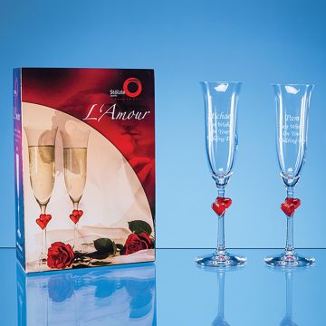 2 L'Amour Red Heart Champagne Flutes in an attractive Gift Box