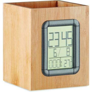 Bamboo Pen Holder And Lcd Clock - Wood - item picture front