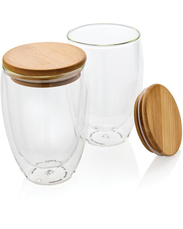 Double Wall Borosilicate Glass With Bamboo Lid 350ml 2Pc Set