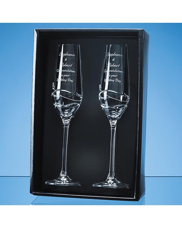 2 Diamante Champagne Flutes with Modena Spiral Cutting in an attractive Gift Box