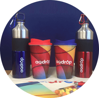 AQdrop coffee cups and water bottles